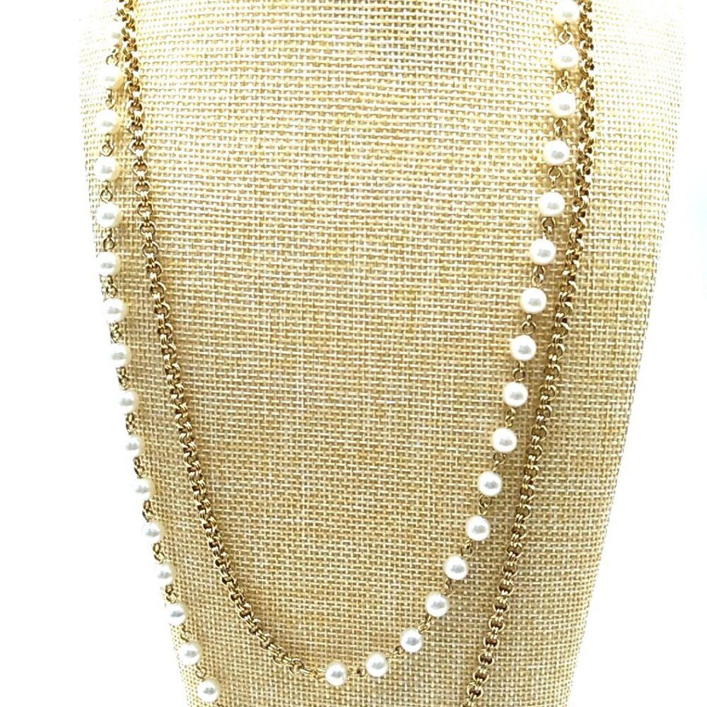 Long Gold-tone Chain and Faux Pearl Necklace